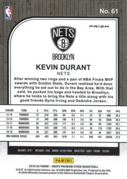 2019-20 Hoops Premium Stock Kevin Durant Silver Prizm #61 Brooklyn Nets