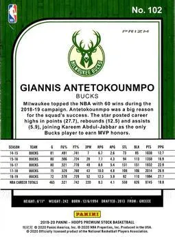 2019-22 Hoops Premium Stock Giannis Antetokounmpo Silver Mojo Prizm #102 Milwaukee Bucks