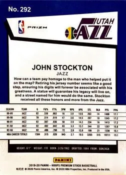 2019-22 Hoops Premium Stock John Stockton Tribute Silver Prizm #292 Utah Jazz