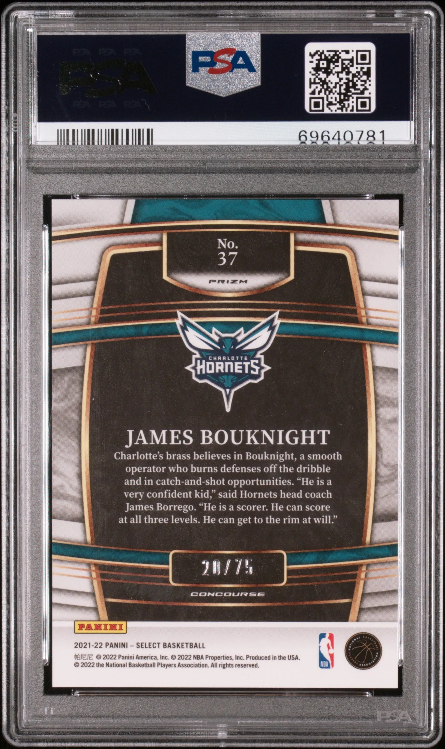 2021-22 Panini Select Neon Green RC #37 James Bouknight #/75 Charlotte Hornets PSA 9 Mint