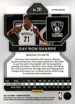 2021-22 Panini Silver Prizm Day'Ron Sharpe RC 281 Brooklyn Nets