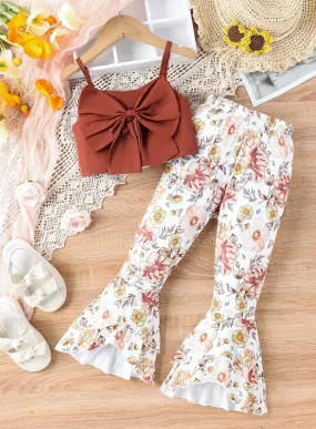 2pcs Elegant Bow Decor Cami Top   Floral Flare Pants