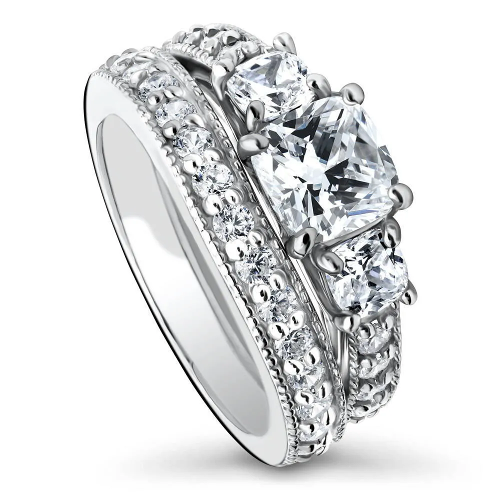 3-Stone 1.5ct Cushion CZ Ring Set in Sterling Silver