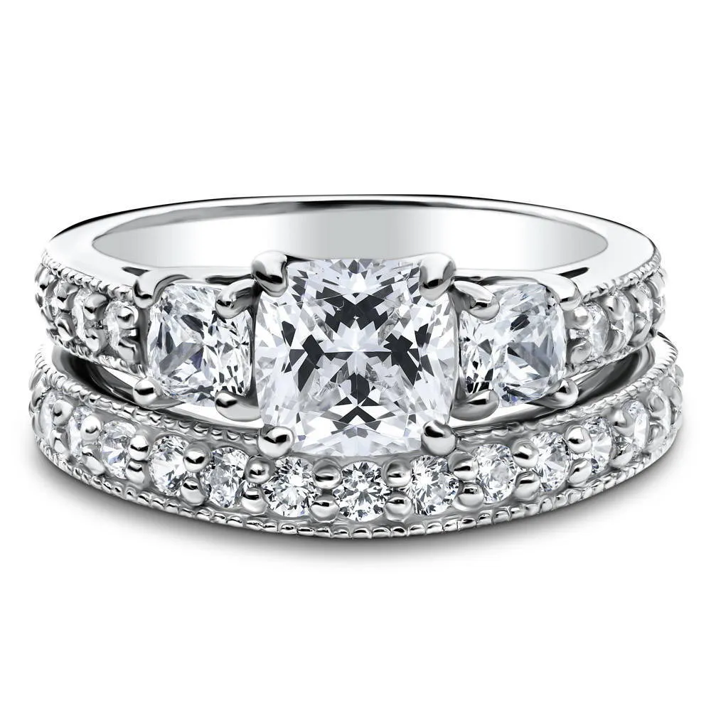 3-Stone 1.5ct Cushion CZ Ring Set in Sterling Silver