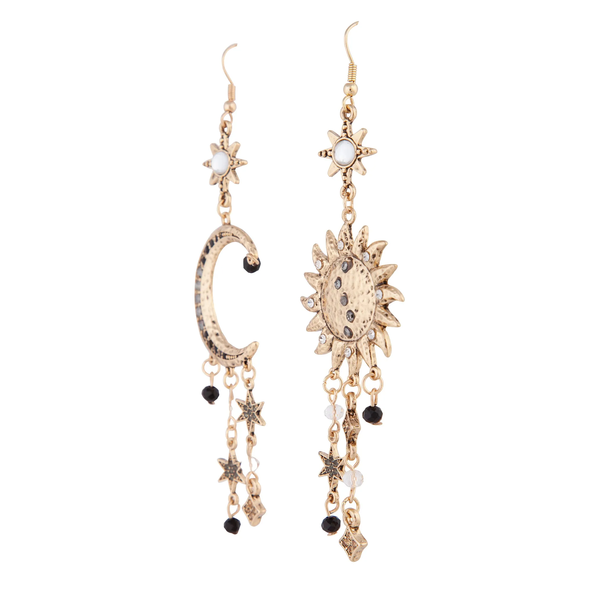 Antique Gold Celestial Grey Black Gem Earrings