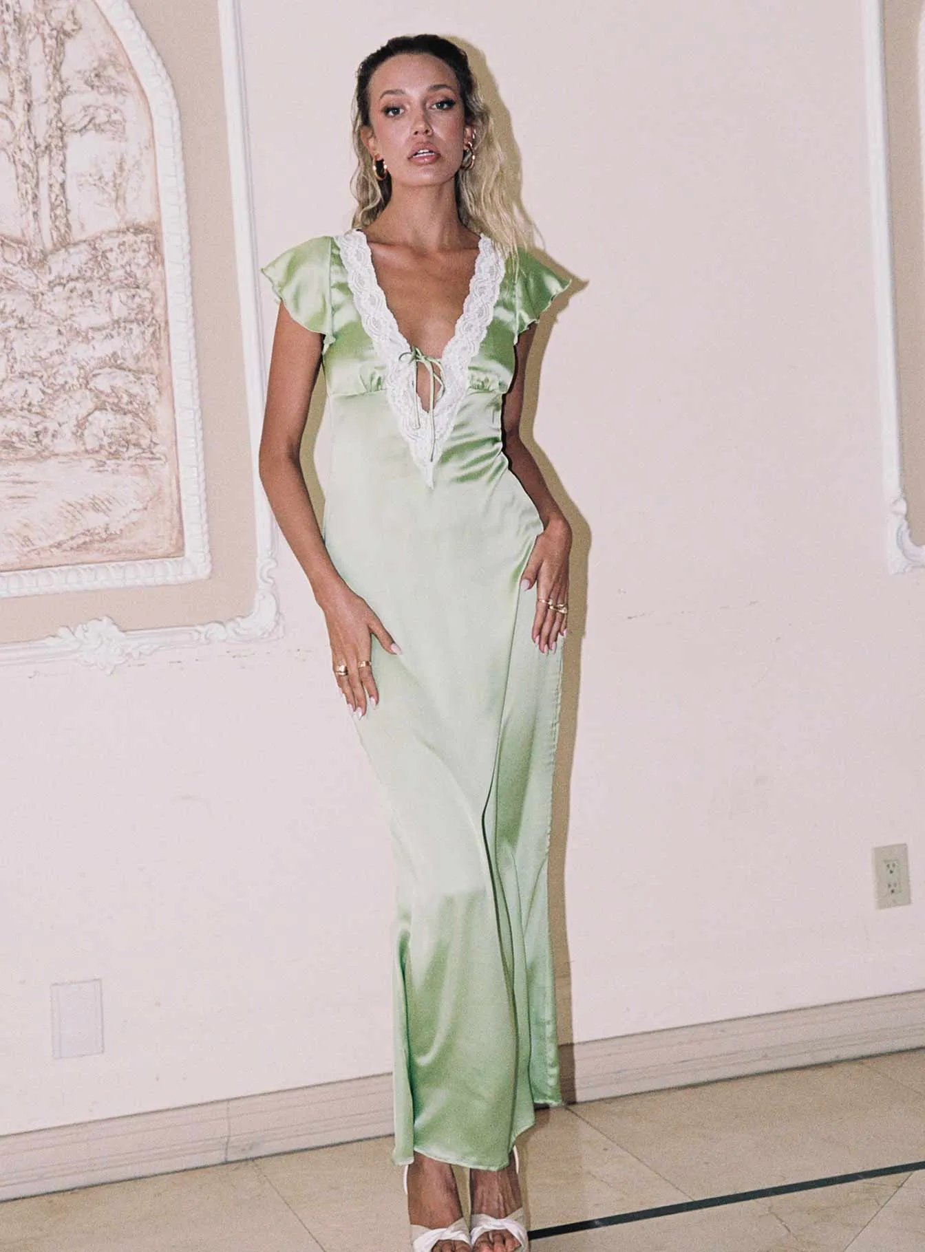 Armas Lace Trim Maxi Dress Green