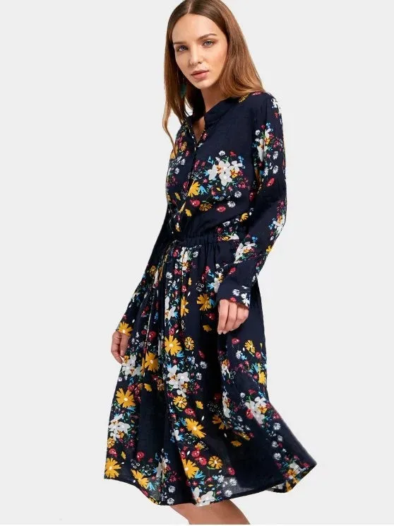 BerryBetty - Beautiful Drawstring Waist Long Sleeve Flower Dress