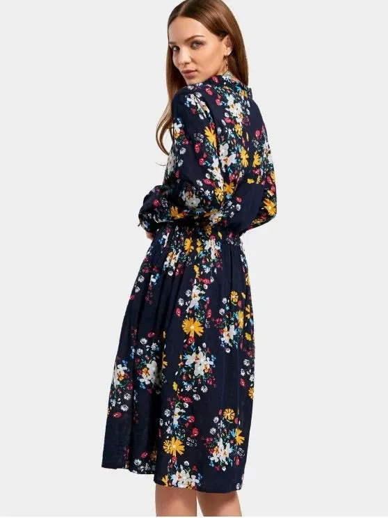 BerryBetty - Beautiful Drawstring Waist Long Sleeve Flower Dress