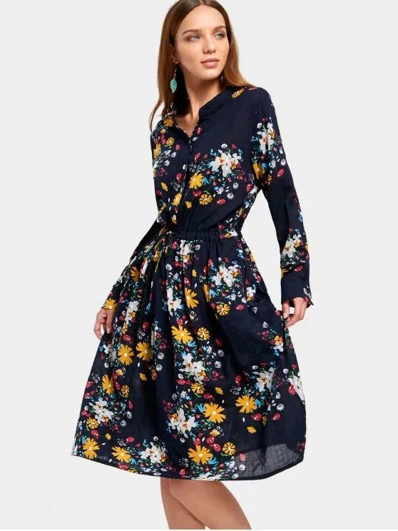 BerryBetty - Beautiful Drawstring Waist Long Sleeve Flower Dress