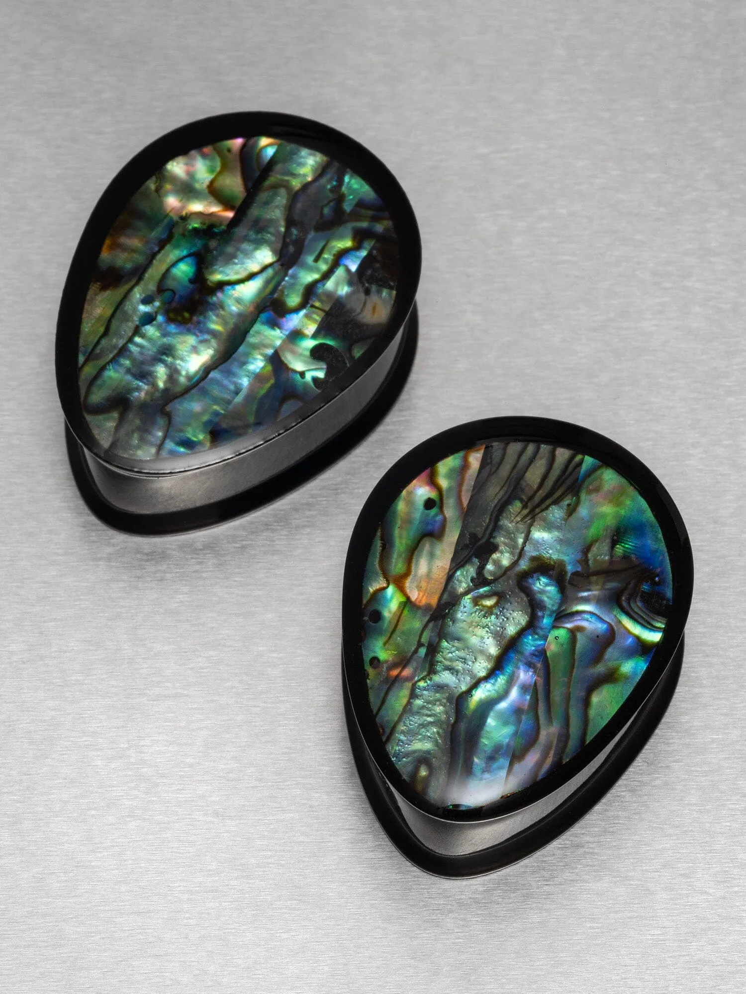 Black Abalone Inlay Double Flared Teardrop Steel Plugs