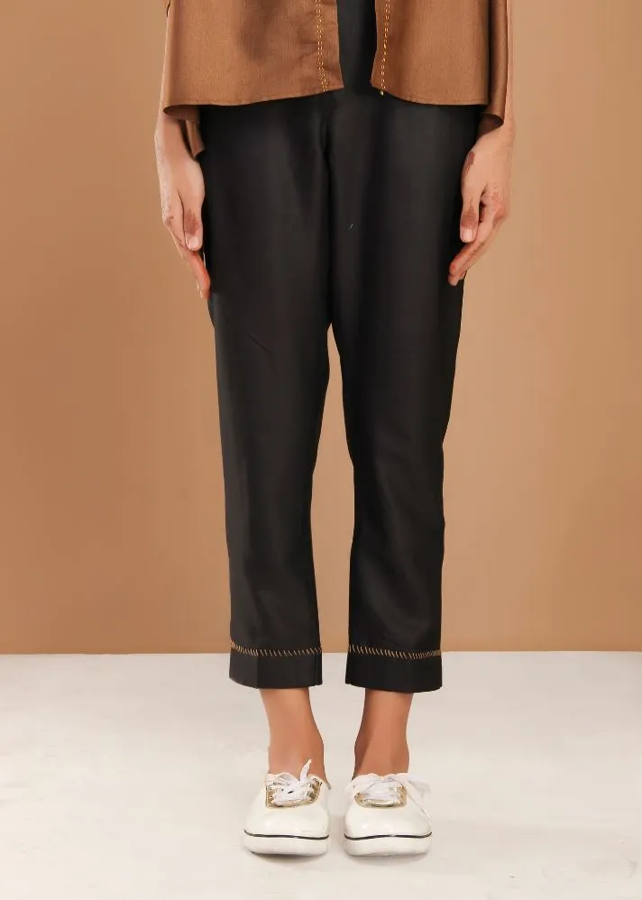 Black Tussar Cotton Mid-Calf Length Pants