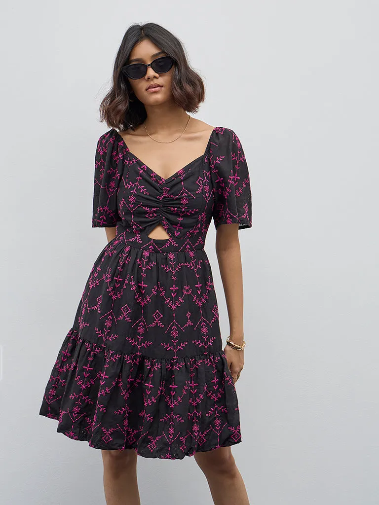 Bombay Paisley Black Schiffli Design Cotton Tiered Dress