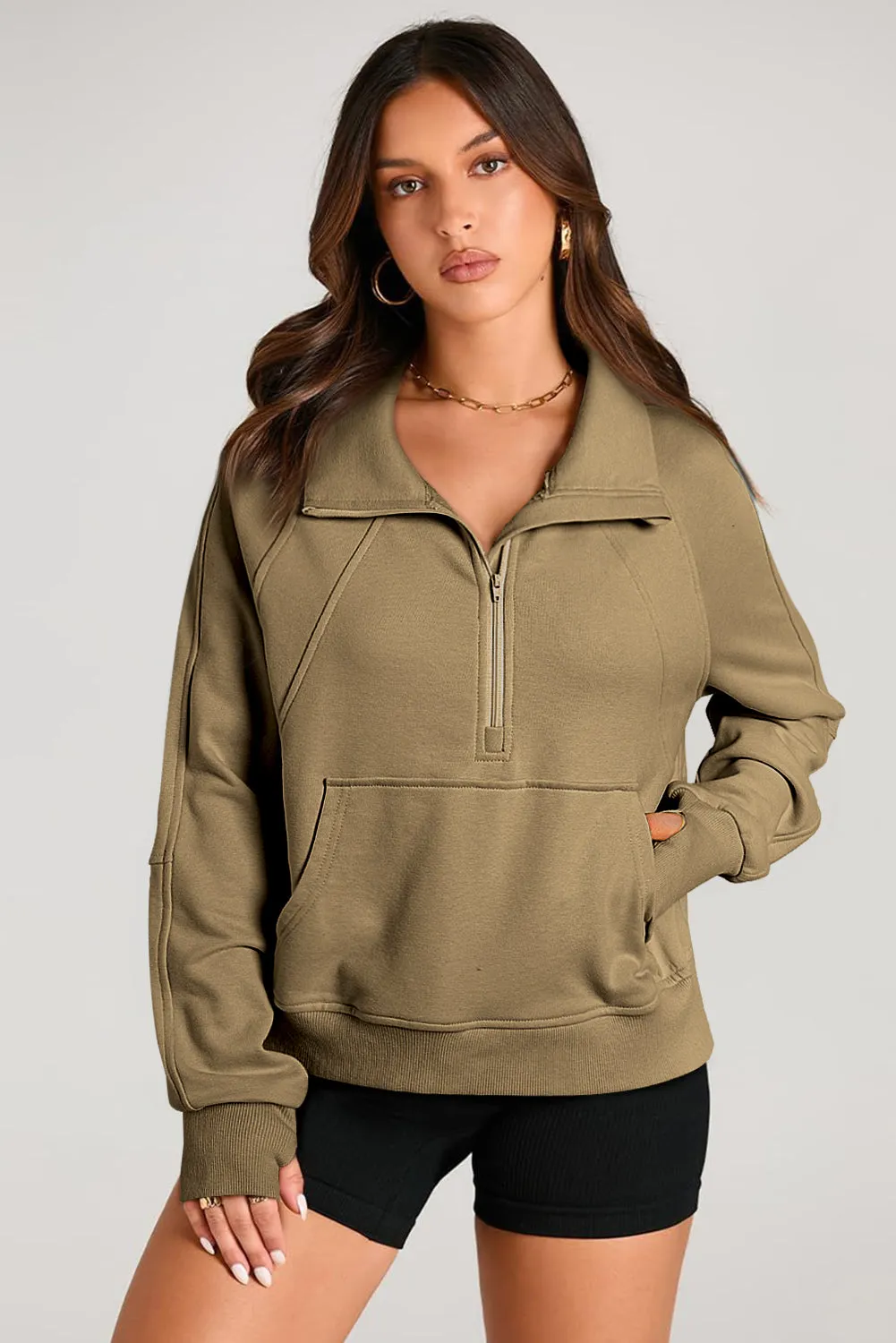 Brown Quarter Zip Stand Neck Kangaroo Pocket Sweatshirt