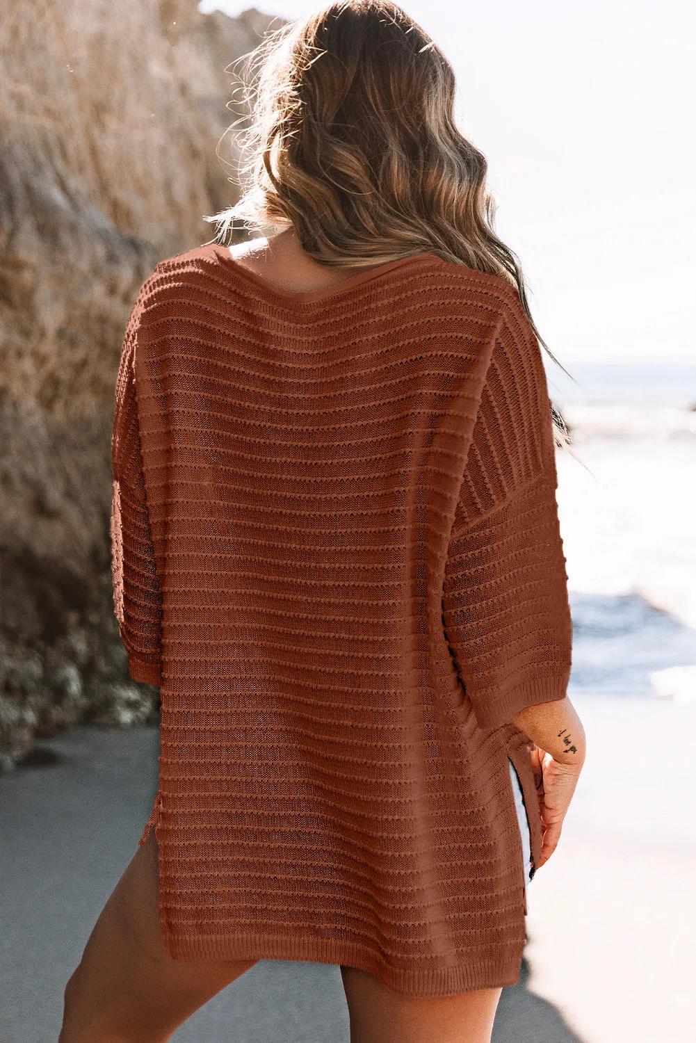 Brown Textured Knit Drop Shoulder Tee