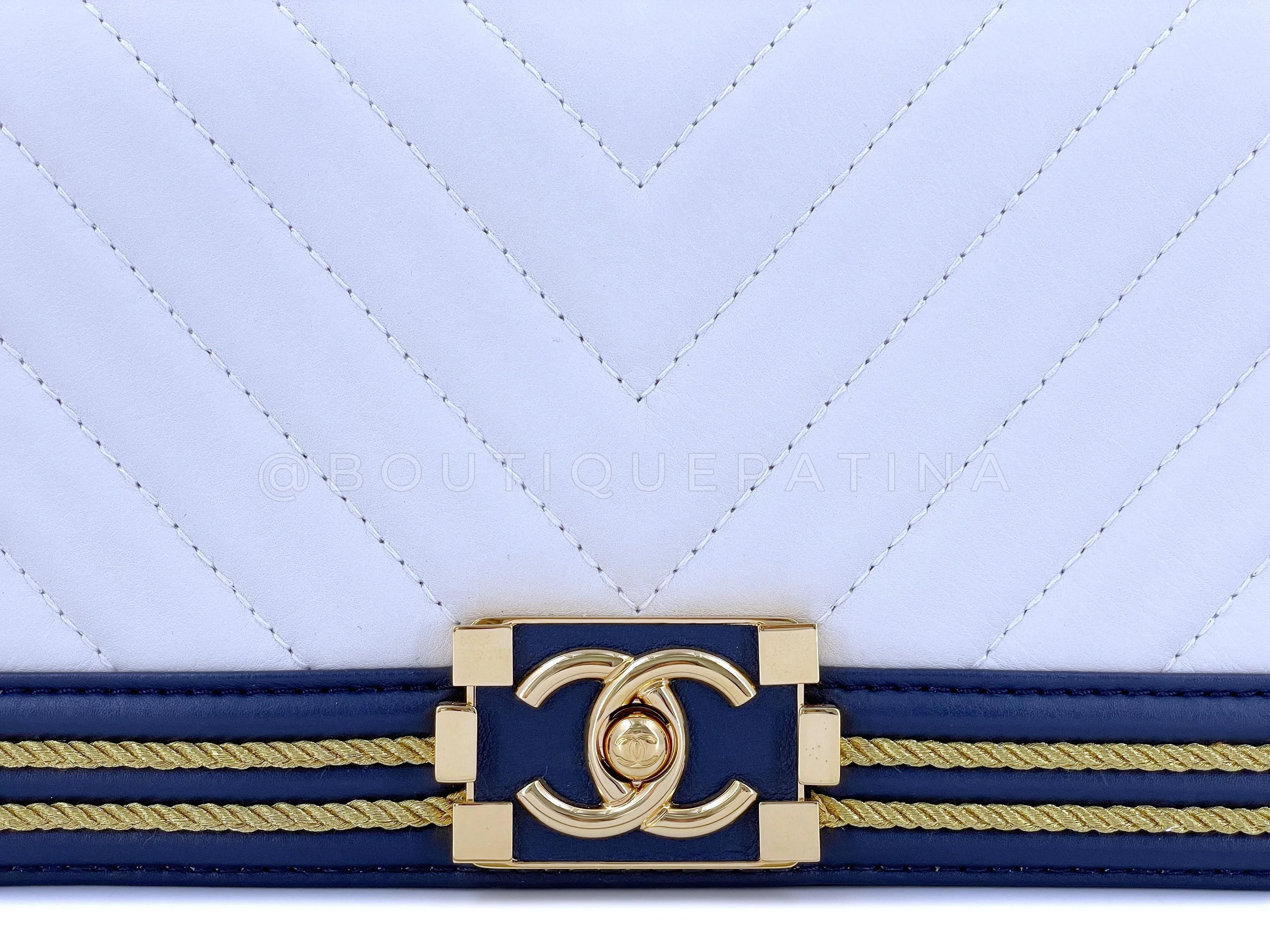 Chanel 19C By the Sea White Chevron Navy Blue Gold Rope Framed Boy Flap Bag GHW