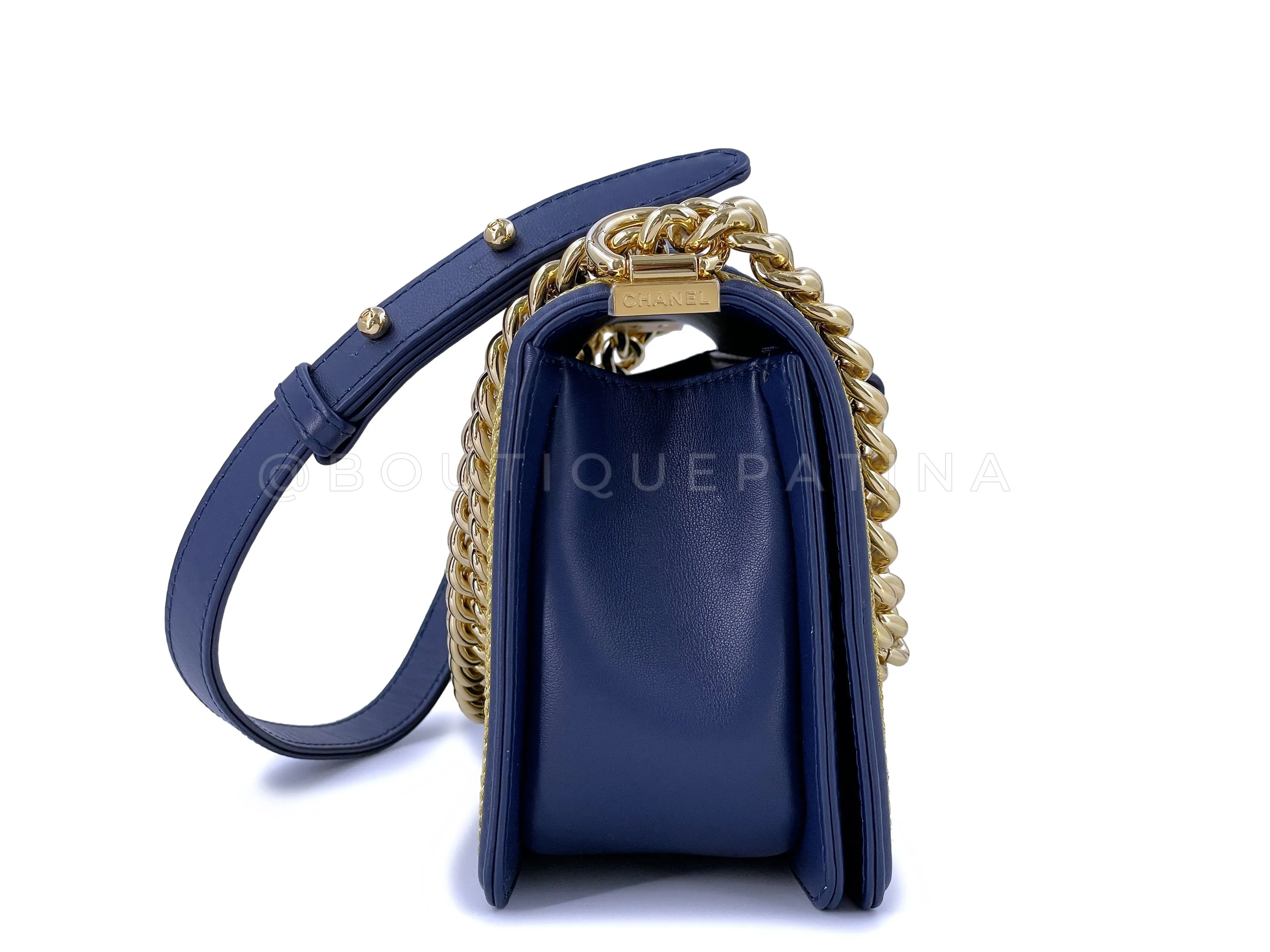 Chanel 19C By the Sea White Chevron Navy Blue Gold Rope Framed Boy Flap Bag GHW