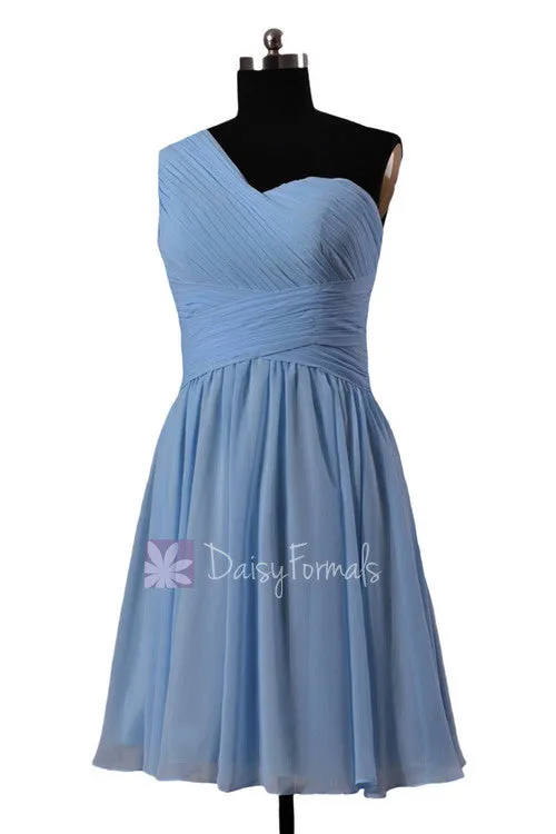 Cornflower Chiffon Dress One-Shoulder Bridesmaid Dress Short Bridal Party Dress(BM181)