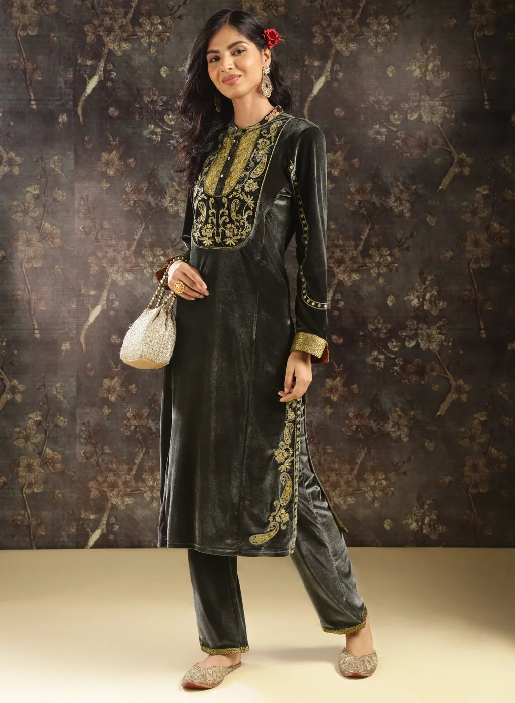 Dark Grey Embroidered Velvet Kurta Set with Button Detailing