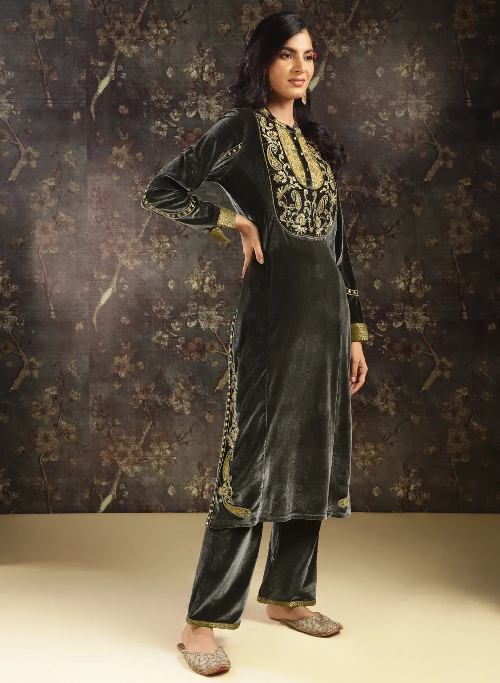 Dark Grey Embroidered Velvet Kurta Set with Button Detailing