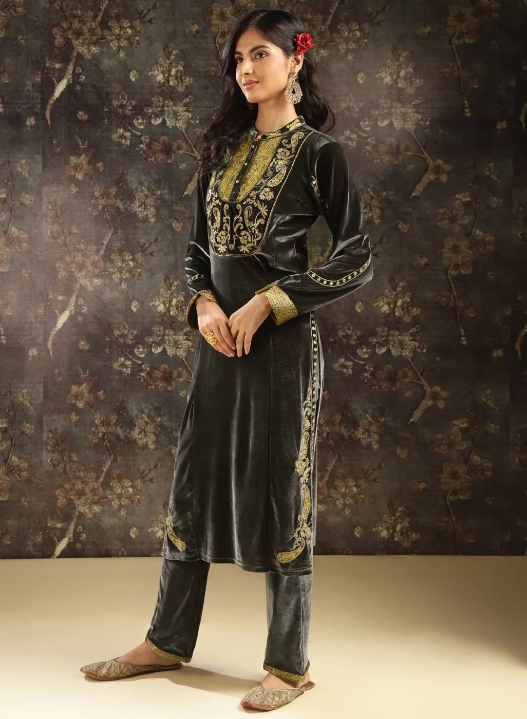 Dark Grey Embroidered Velvet Kurta Set with Button Detailing