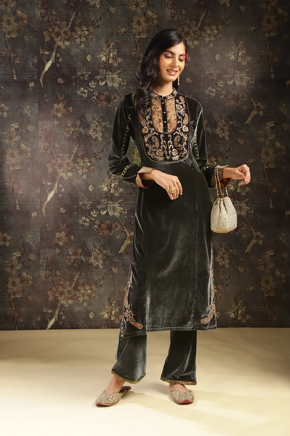 Dark Grey Embroidered Velvet Kurta Set with Button Detailing