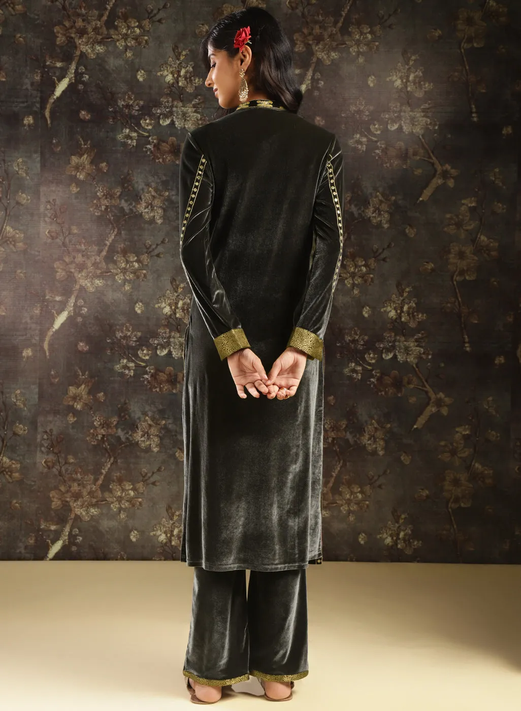 Dark Grey Embroidered Velvet Kurta Set with Button Detailing