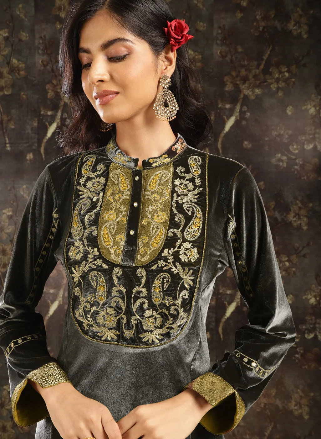 Dark Grey Embroidered Velvet Kurta Set with Button Detailing