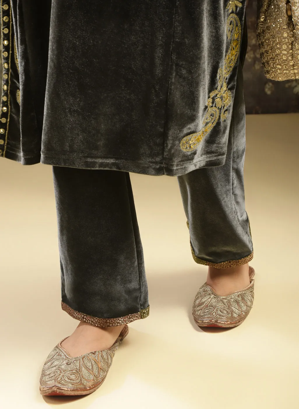 Dark Grey Embroidered Velvet Kurta Set with Button Detailing