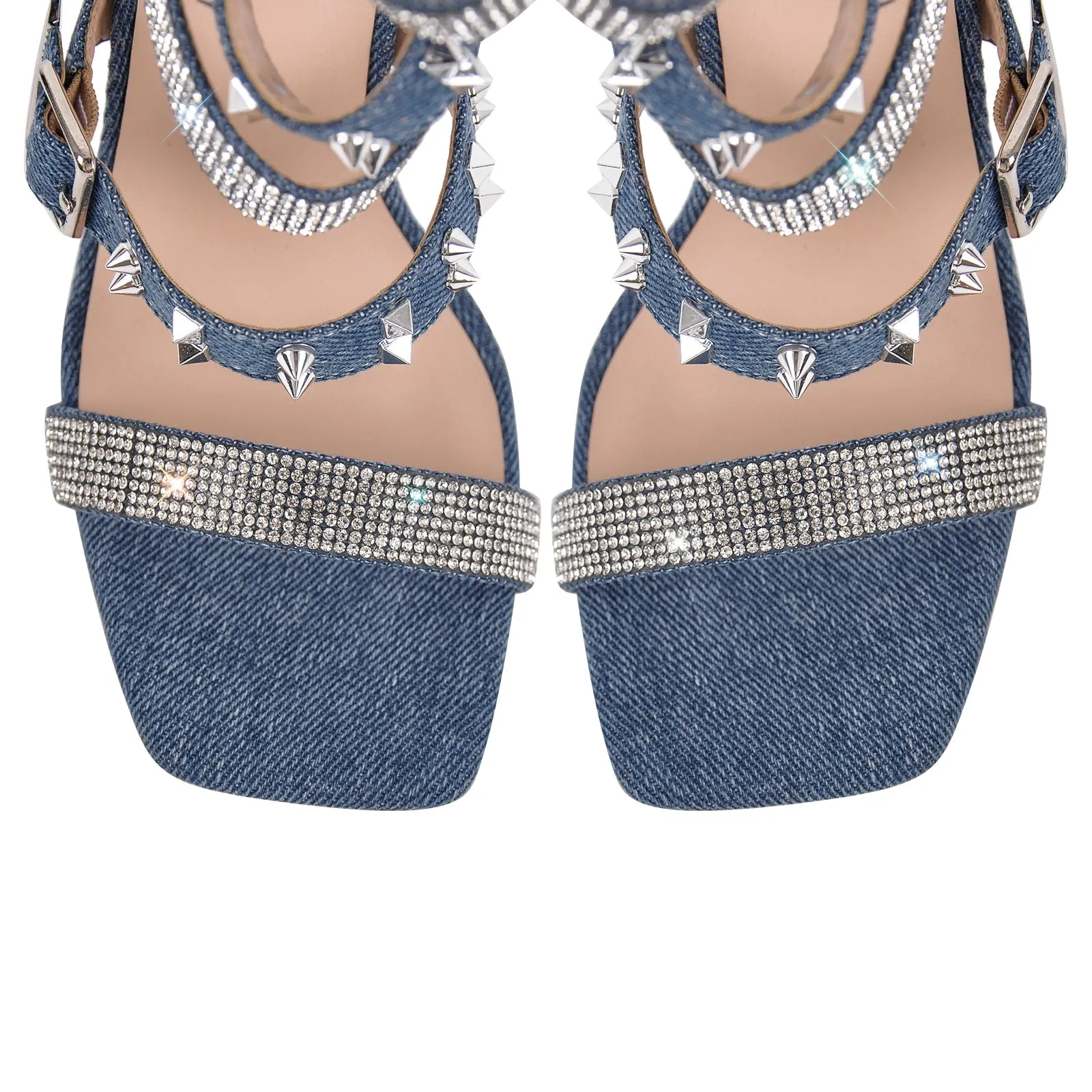 Denim Hollow Rivet Buckle Strap Bootie Sandals