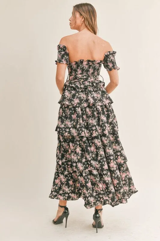 Elegant Romance Unveiled | Black Floral Print Maxi Dress with Tiered Ruffles