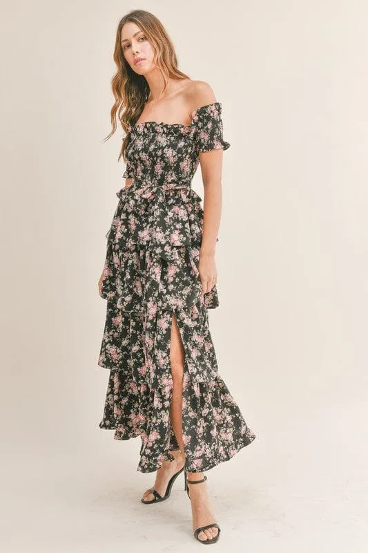 Elegant Romance Unveiled | Black Floral Print Maxi Dress with Tiered Ruffles