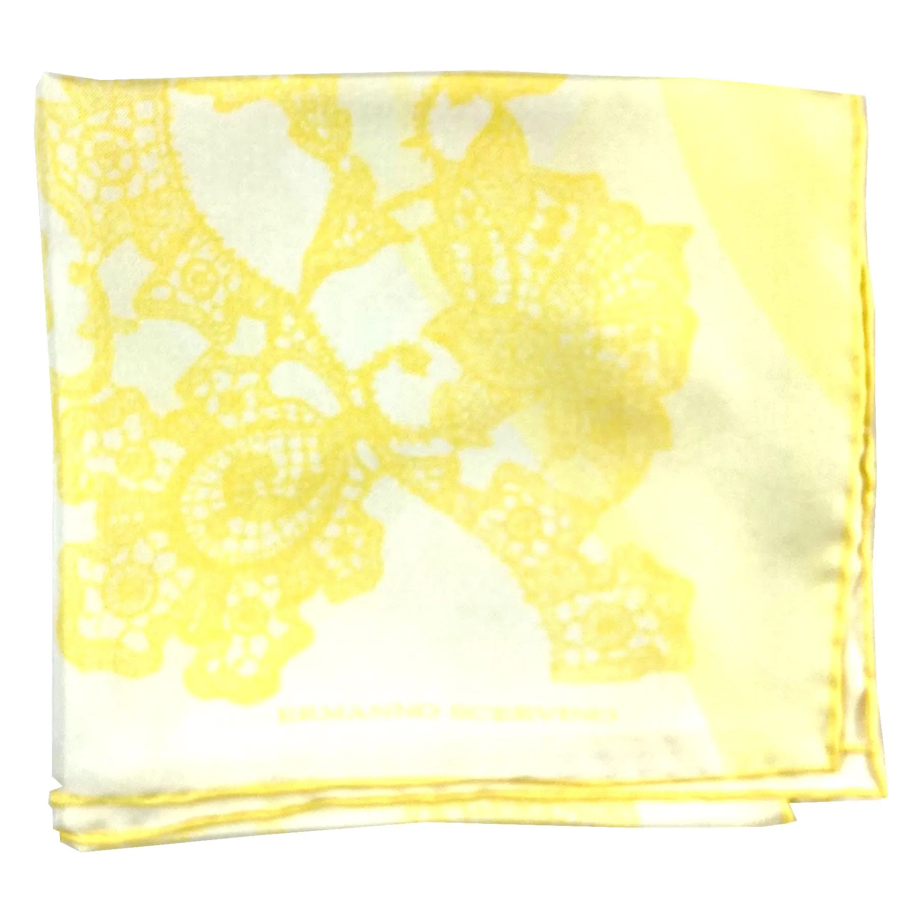 Ermanno Scervino Scarf White Yellow Ornamental Design - 27" Square Twill Silk Scarf FINAL SALE