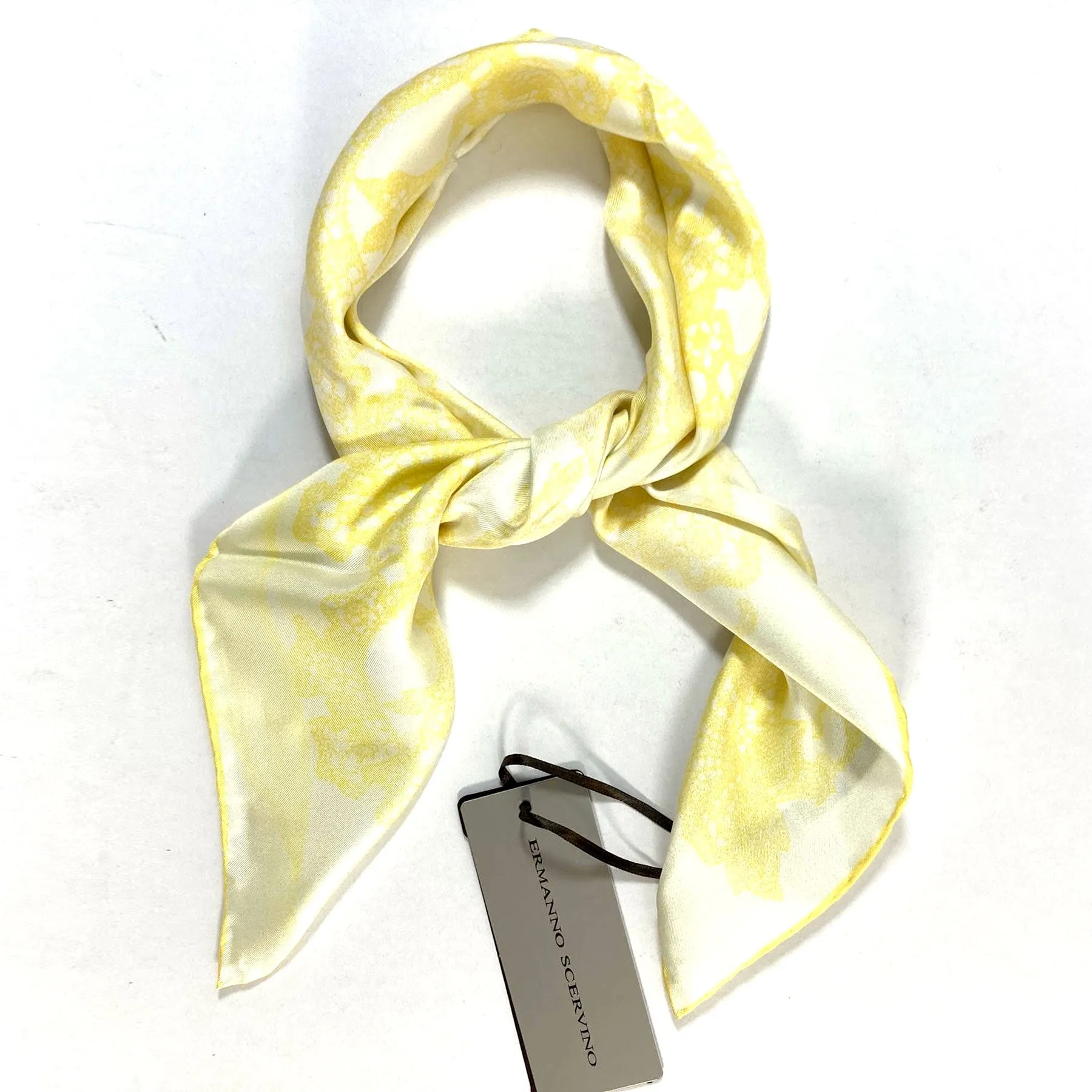 Ermanno Scervino Scarf White Yellow Ornamental Design - 27" Square Twill Silk Scarf FINAL SALE