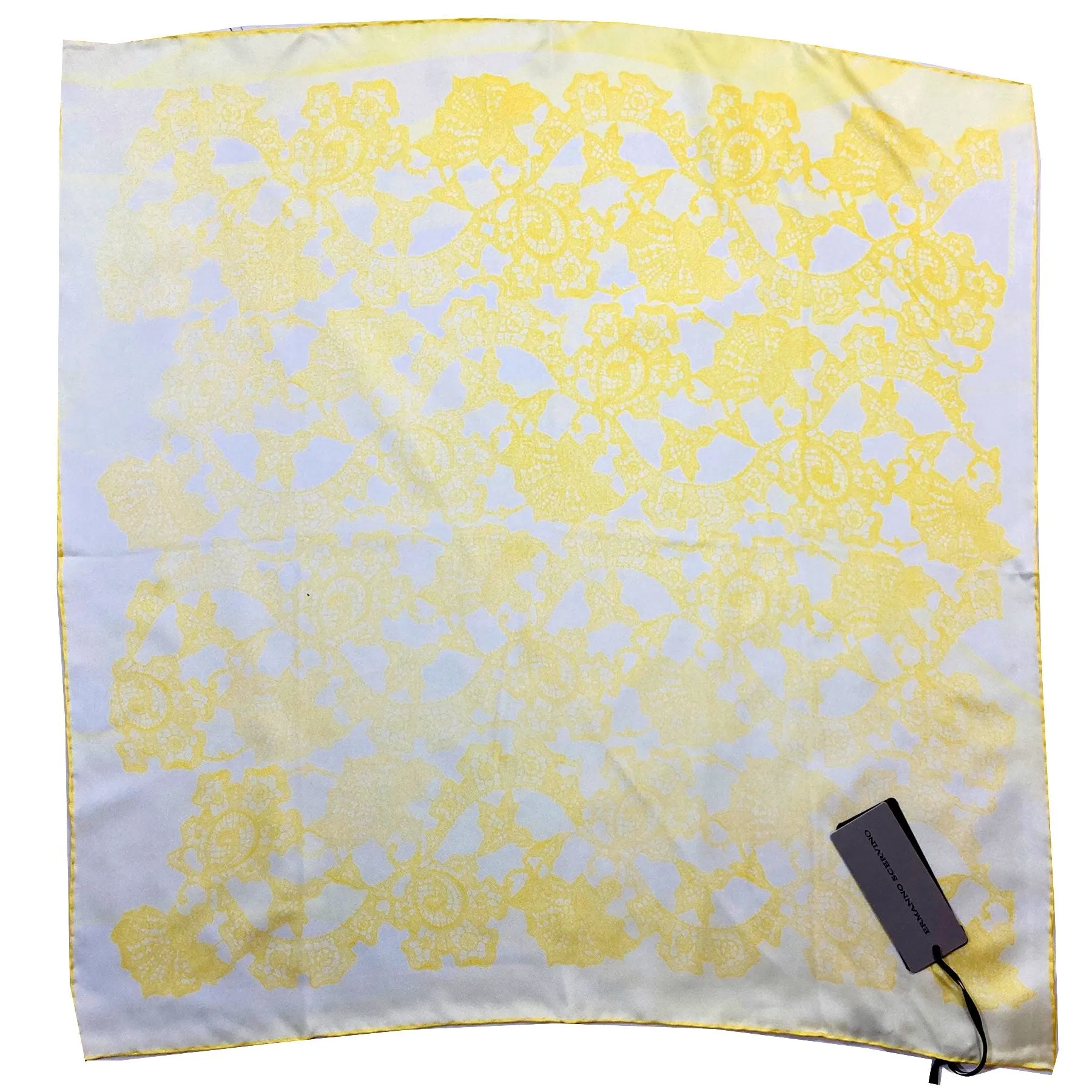 Ermanno Scervino Scarf White Yellow Ornamental Design - 27" Square Twill Silk Scarf FINAL SALE