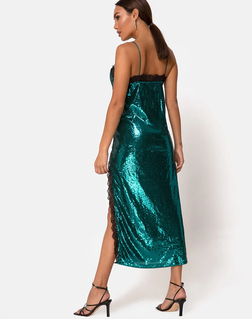 Fitilia Dress in Teal Mini Sequin with Black Lace