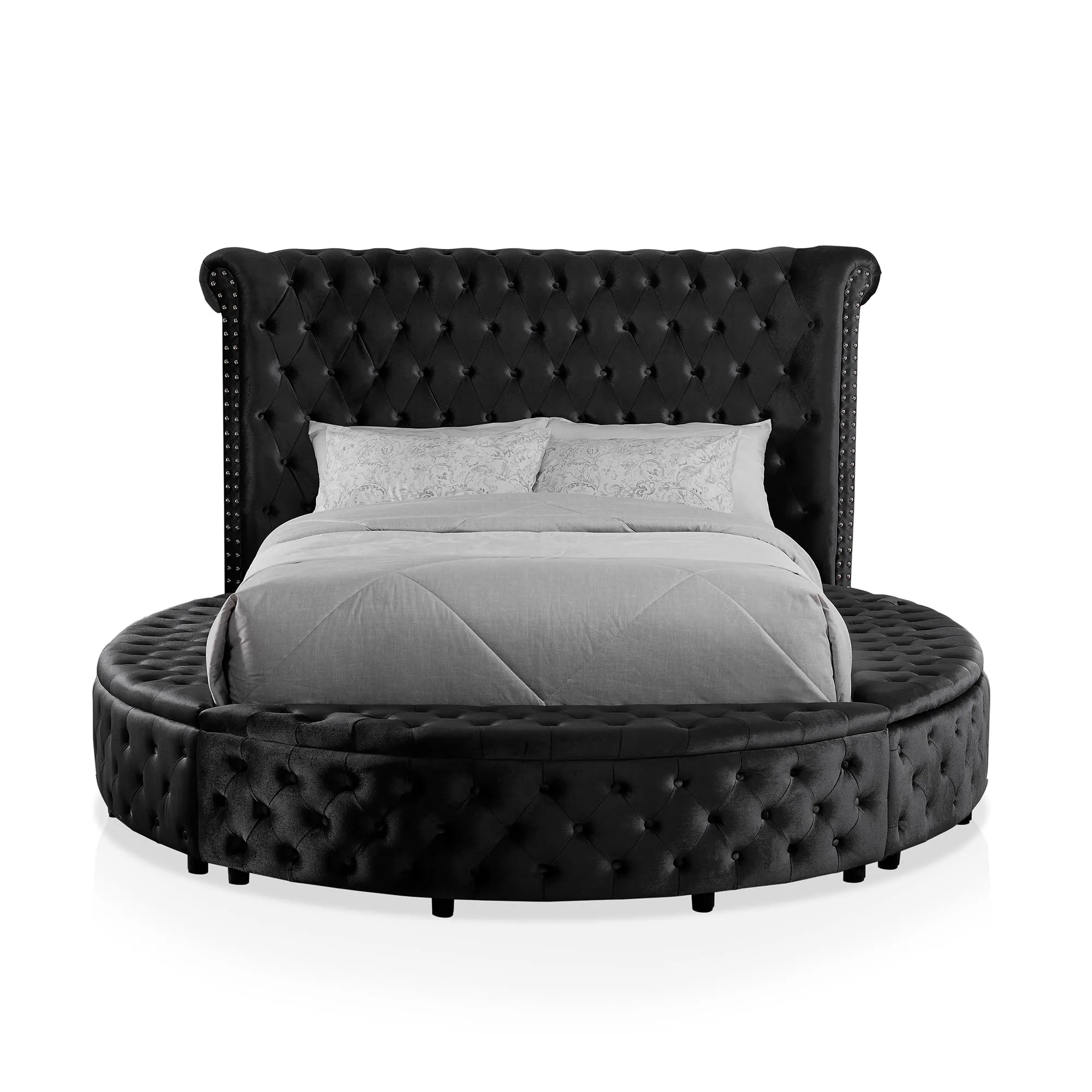 Furniture of America Rhodo Glam Button Tufting Fabric Upholstered 3-Piece Bedroom Set, Bed and 2 Nightstands, California King, Black