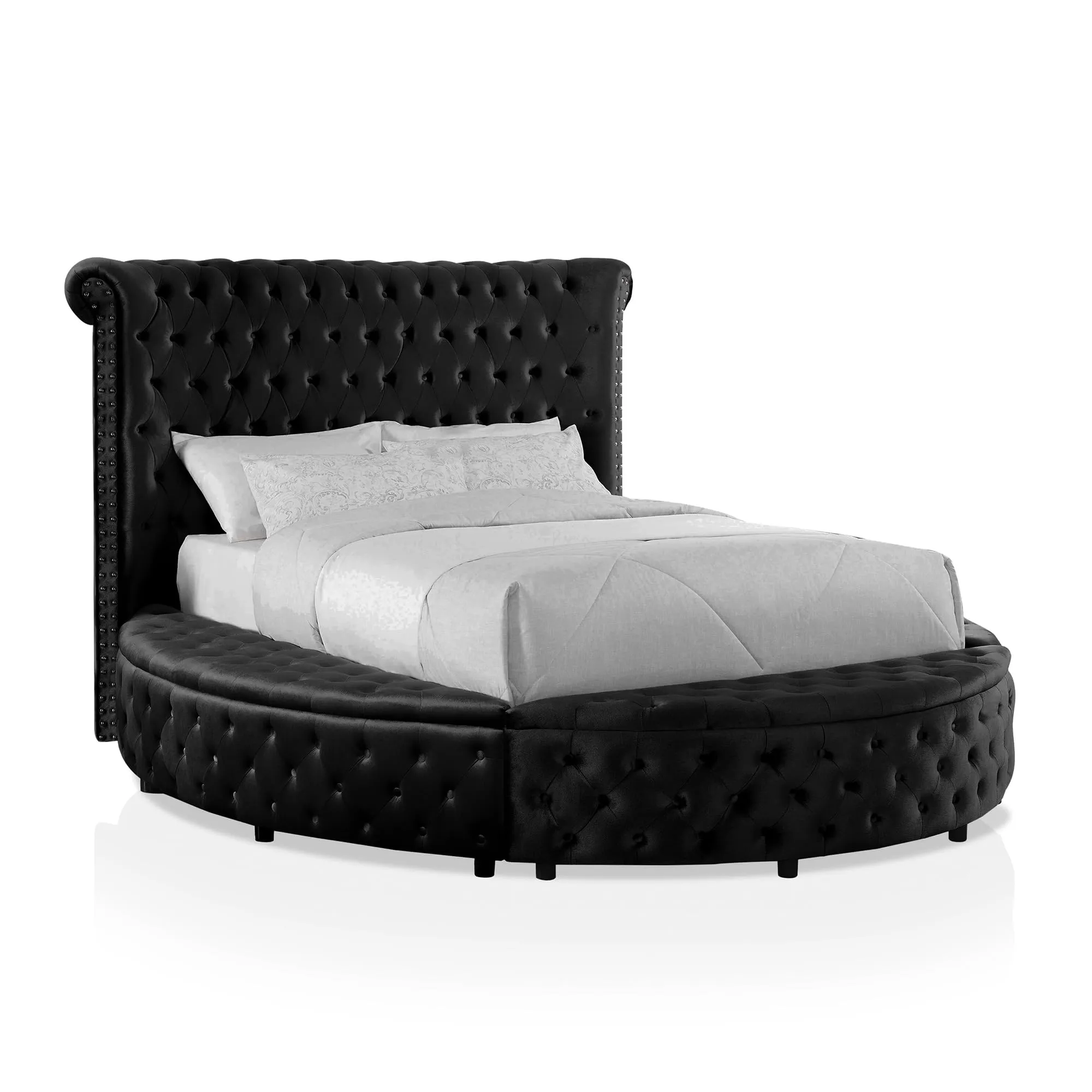 Furniture of America Rhodo Glam Button Tufting Fabric Upholstered 3-Piece Bedroom Set, Bed and 2 Nightstands, California King, Black