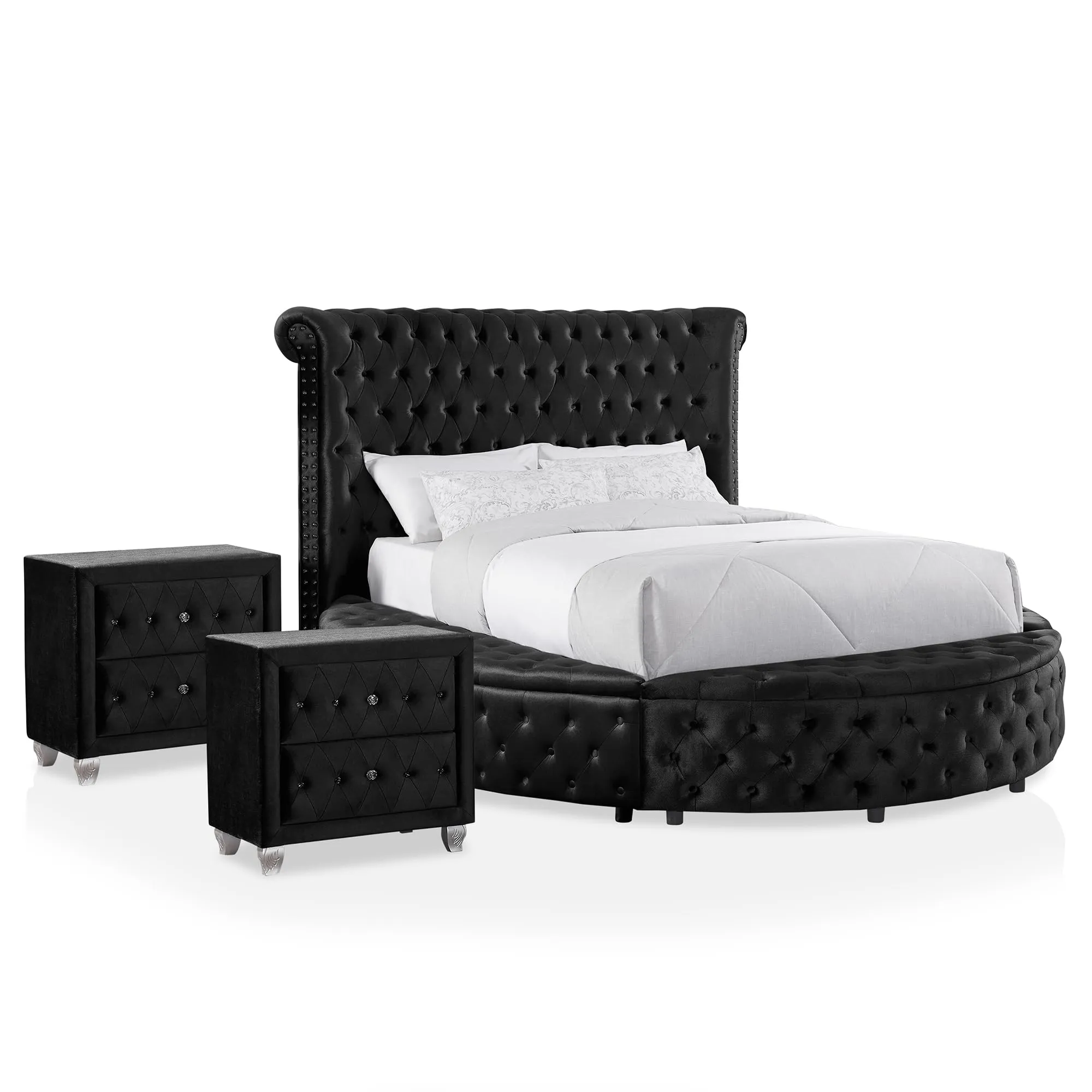 Furniture of America Rhodo Glam Button Tufting Fabric Upholstered 3-Piece Bedroom Set, Bed and 2 Nightstands, California King, Black