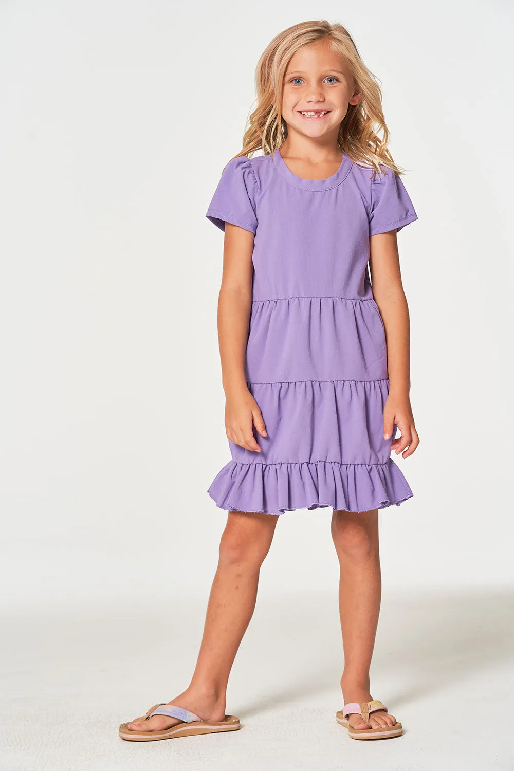 Girls Coastal Cloth Puff Sleeve Tiered Dress