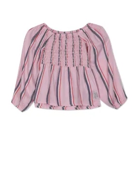 Girls Smocked Rayon Vertical Stripe Flared Top