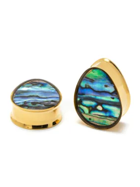 Gold Abalone Inlay Double Flared Teardrop Steel Plugs