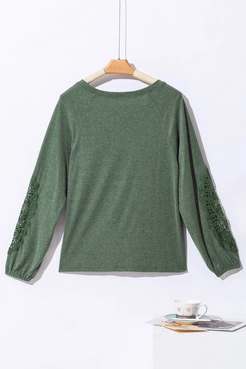 Green Crochet Lace Patch Raglan Sleeve Top