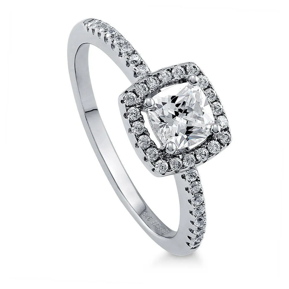 Halo Cushion Cut CZ Ring in Sterling Silver