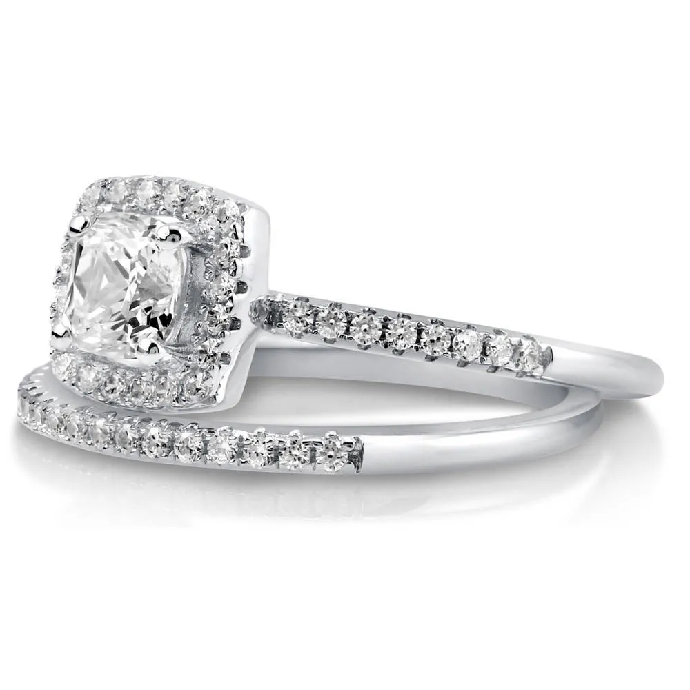 Halo Cushion CZ Ring Set in Sterling Silver