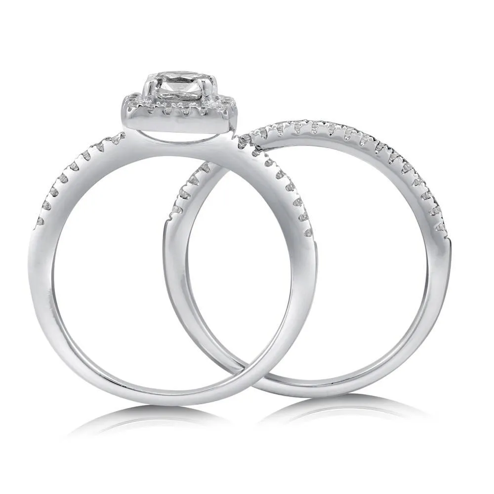 Halo Cushion CZ Ring Set in Sterling Silver