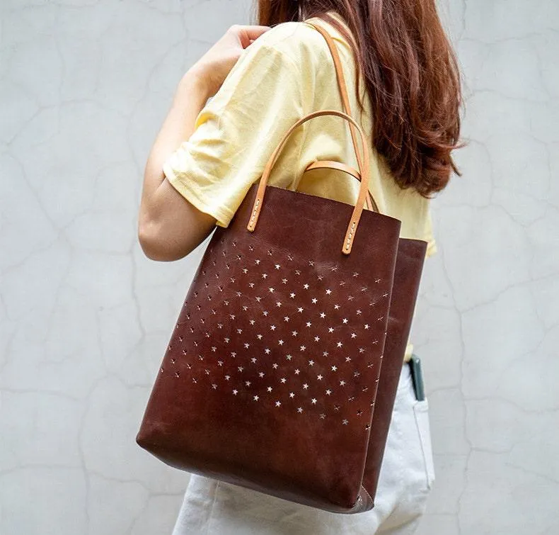 Handcrafted Cowhide Leather Minimalism Tote Bag, Leather Everyday Bag, Hollow Out Star Pattern Bag, Birthday gift for Her