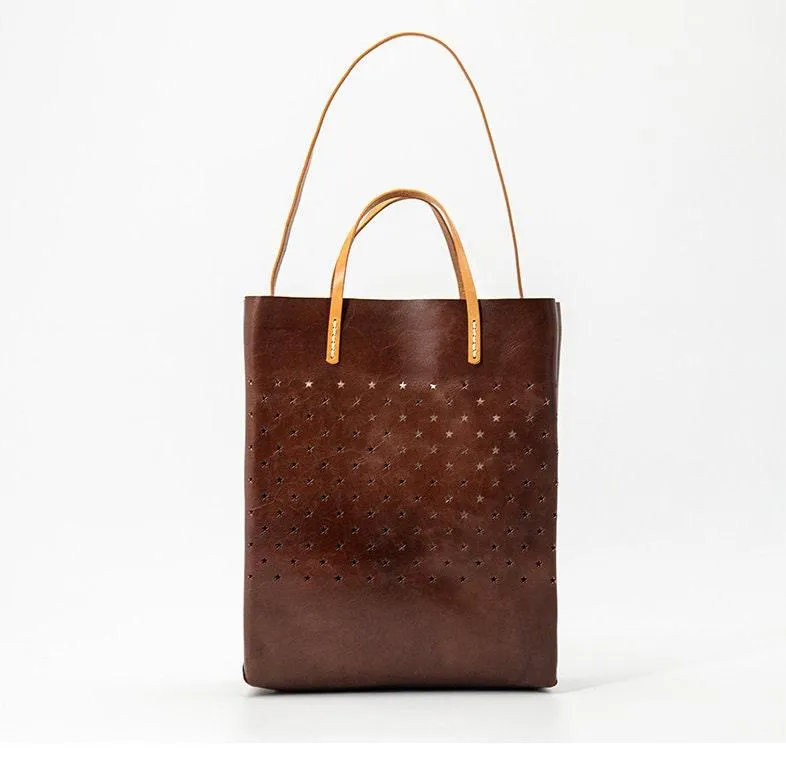 Handcrafted Cowhide Leather Minimalism Tote Bag, Leather Everyday Bag, Hollow Out Star Pattern Bag, Birthday gift for Her