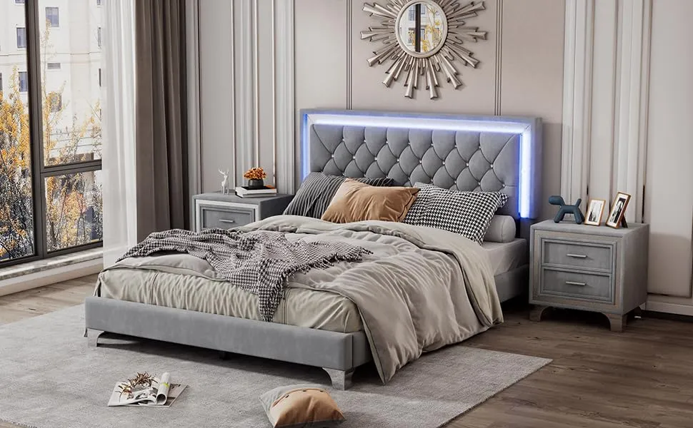 Harper & Bright Designs 3 Pieces Queen Bedroom Sets, Queen Size Upholstered Platform Bed with LED Lights and 2 Nightstands, Modern Queen Bedroom Furniture Sets(Gray)