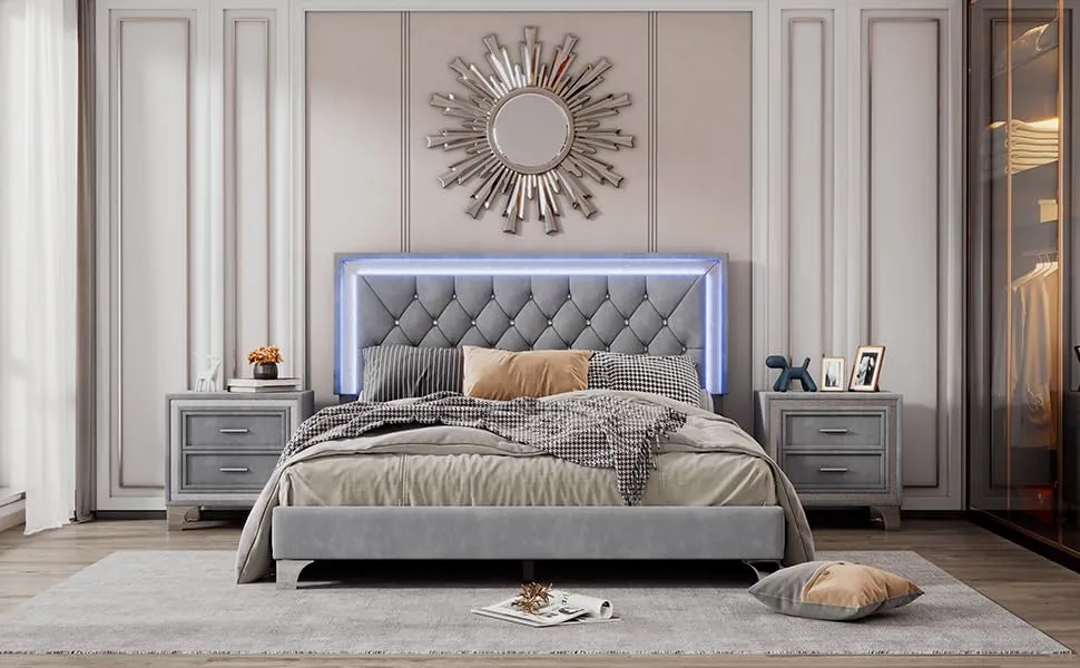 Harper & Bright Designs 3 Pieces Queen Bedroom Sets, Queen Size Upholstered Platform Bed with LED Lights and 2 Nightstands, Modern Queen Bedroom Furniture Sets(Gray)