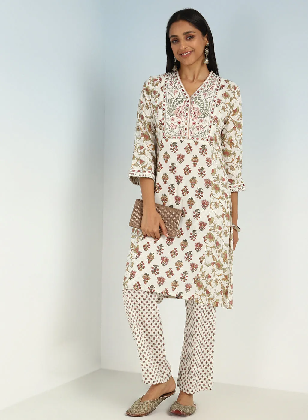 Ivory Modal Printed Kurta Set with side Paneled Design